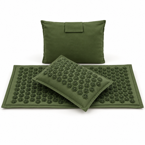 Army Green Lotus acupressure mat, pillow and rectangular carry bag