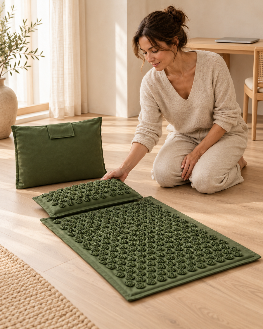 Army Green Lotus Set being arranged beside a home workspace