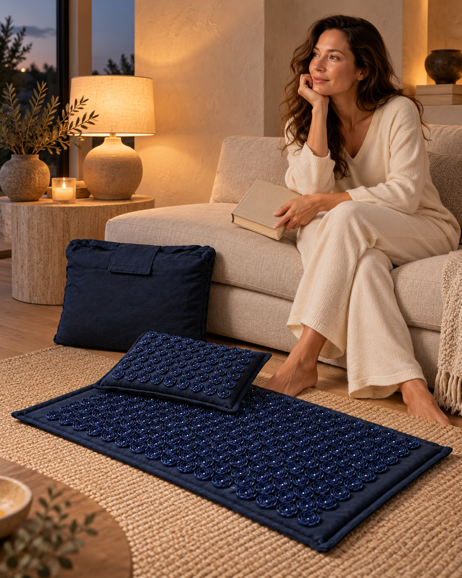 Dark Blue Lotus Set in a softly lit evening room