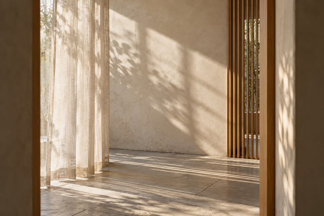 Light, wood and linen in a contemporary Eastern-inspired interior
