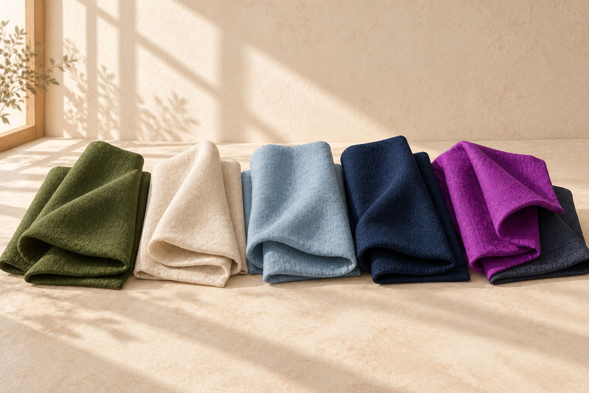 Fabric color mood board inspired by the five Lotus Set colors; not a product photograph