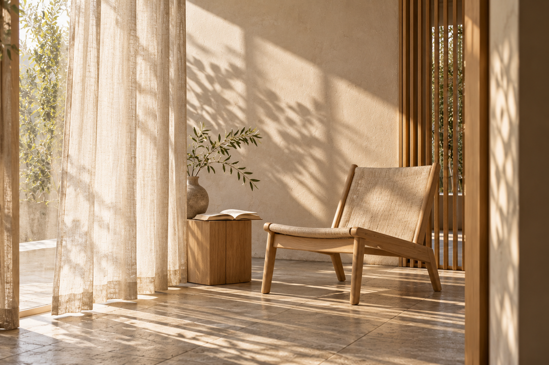 Soft light and linen in a quiet reading corner; brand atmosphere